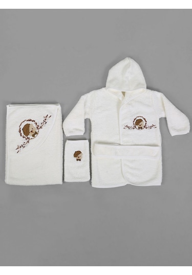 %100 Pamuk Bebek Çocuk Bornoz Havlu Takımı Set Krem