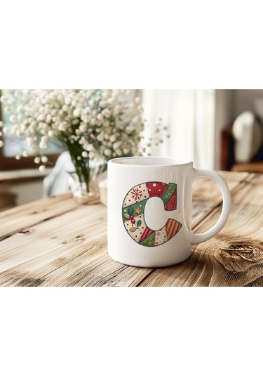 C Harfi Yılbaşı Temalı Kupa Bardak - Yeni Yıl Konsept Yamalı Efekt Tasarım - Noel Hediye Beyaz