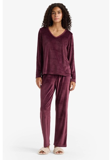 Defacto Pijama Takımı Regular Fit Uzun Kollu Velur Üst Uzun Alt-fall İn Love E8691ax25wnbr232 Bordo-br232