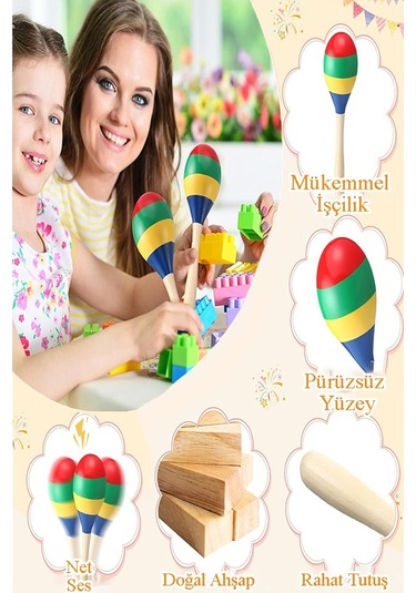 Marakas Renkli Ahşap 6 Lı Set Çıngıraklar Eğlenceli Marakas Renkli Müzik Aksesuarları Çocuk Eğitici Oyuncak