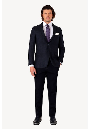 Erkek Lacivert Kışlık Yünlü Regular Fit Desenli Tek Ceket Lacivert