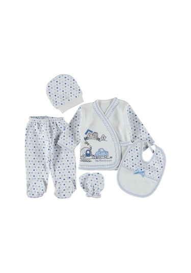 0-3 Aylık 5 Li Arabalı Zıbın Seti Hastane Çıkış Seti %100 Pamuklu Kutusuz Mavi