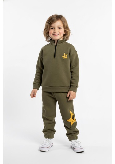 Fermuar Detaylı Şimşek Baskılı 2 Li Takım Haki