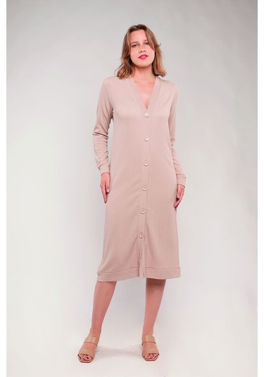 Gabria Ön Düğmeli Seul Uzun Hırka Bej