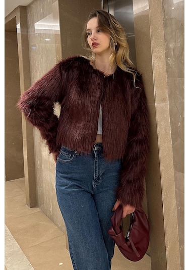 Madmext Bordo Bisiklet Yaka Kadın Suni Kürk Mont Mg2176 Bordo