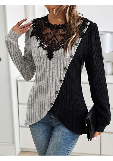 Kadın Bisiklet Dantelli Yaka Düğmeli Uzun Kollu Şardonlu Kaşkorse Bluz Gri