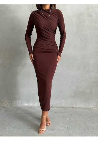 Kadın Drape Detay Uzun Elbise Kahverengi