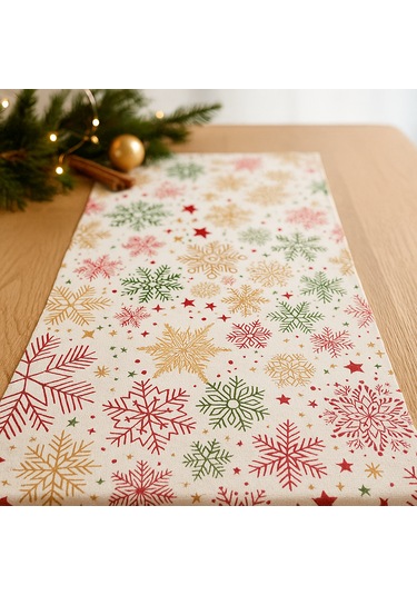 Yılbaşı Temalı Masa Runner I Krem Zeminli, Renkli Kar Tanesi Desenli 40x140 Cm Bej - Krem