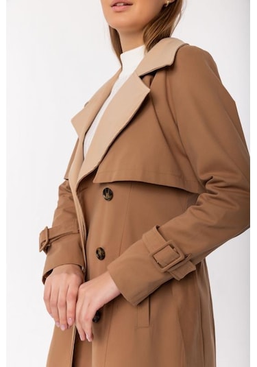 Pastelastore Pamuk Gabardin Uzun Çift Renk Garnili Kadın Trençkot 1114 Koyu Bej