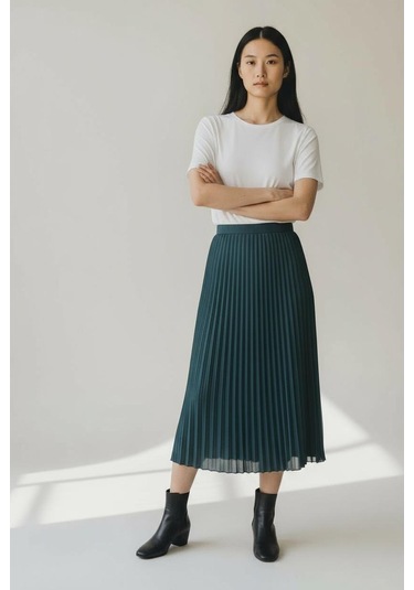 Pileli Pamuklu Dokuma Viskon Kışlık Etek 95 Cm - 38-48 Zümrüt Yeşili