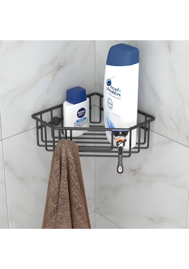 Teknotel Tek Katlı Kancalı Banyo Köşe Rafı Siyah Es091