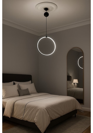 Modern Siyah Led Halka Avize Yatak Odası Ve Salon İçin Tekli Sarkıt Aydınlatma Siyah