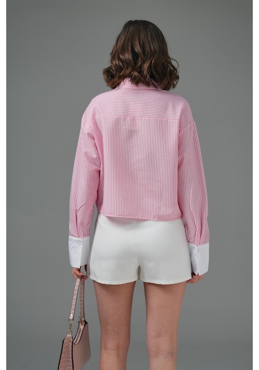 Saade Pembe Çizgili Crop Gömlek Mavi