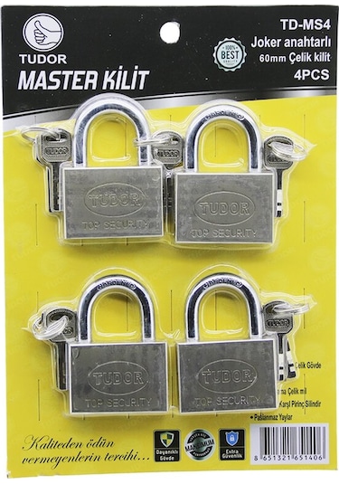 Tudor Td-ms4 Master 4pcs Joker Anahtarlı Tek Anahtarla 4 Kilit Aç 60mm - Gri Kısa Kancalı Çelik Asma Kilit