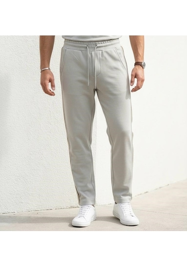 Plus Scorpion Erkek Slim Fit Eşofman Altı Yan Şeritli Pamuklu Gri
