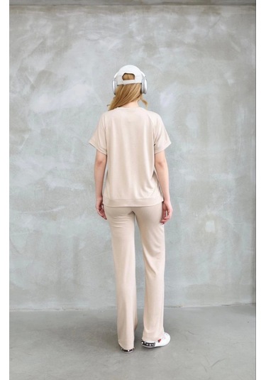 Ge Ticaret Osy Modal Yumuşak Dokulu Kumaş Bisiklet Yaka Kısa Kollu Takım - Bej Bej