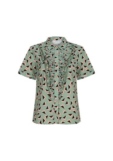 Kadın Volan Detaylı Geometrik Desenli Gömlek Bluz Frn1008 Yeşil