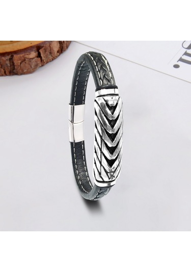 Casera's Zincir Motifli Çelik Ve Deri Erkek Bileklik Csr2221051