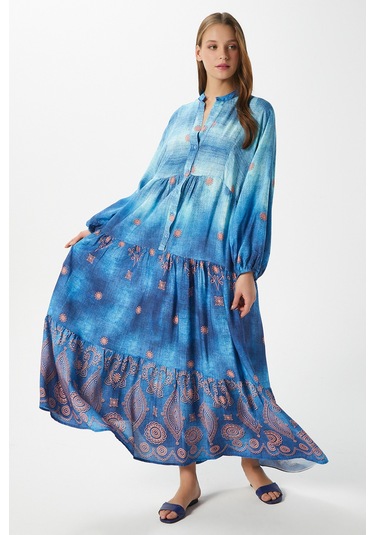 Modest Kadın Lucian Mavi %100 Viskon Maksi Boy Yazlık Elbise Maviturkuazturuncu Çok Renkli