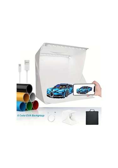Katlanır Işıklı Fotoğraf Stüdyosu 40x40 Cm 6 Renk Fonlu Ürün Çekimi İçin Uygun Fotoğraf Çekim Kutusu Çok Renkli