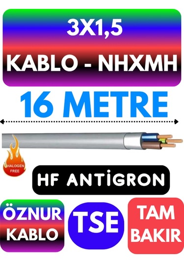 Öznur 3x1,5 Nhxmh Alev İletmez Kablo Metre Seçenekli Gri - 16 Metre