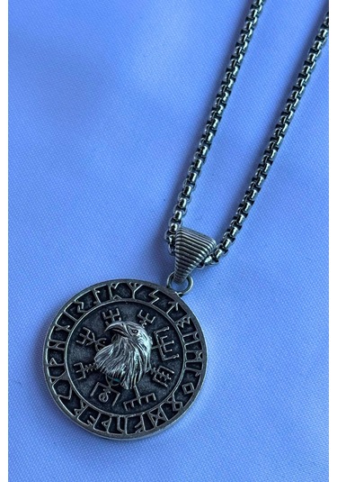 Kartal Vegvisir Pusula El İşçiliği Paslanmaz Çelik Zincir Erkek Kolye Gümüş