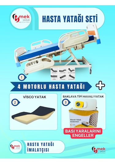 4 Motorlu Full Abs Hasta Karyolası + Visco Yatak + Baklava Tipi Havalı Yatak