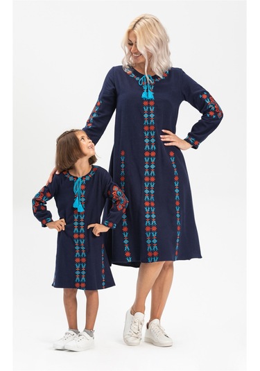 Uzun Kol Mahur Çocuk Pazen Elbise Lacivert Lcvt Lacivert