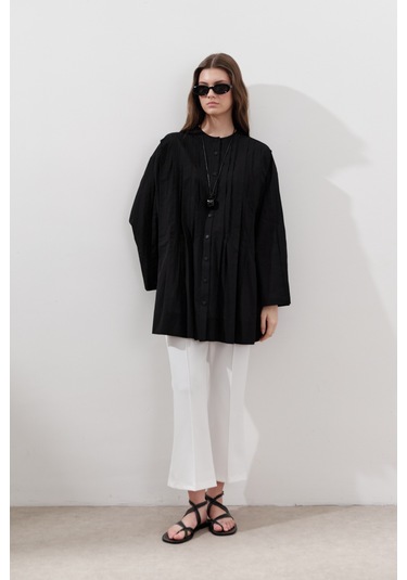 Nervürlü Geniş Kollu Tunik Siyah Siyah