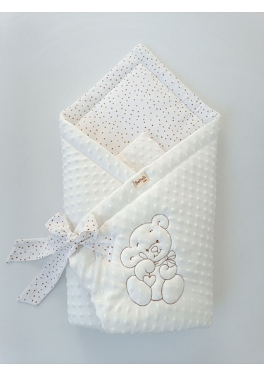 Nohut Bebek Battaniyesi & Kundağı Ayıcık İşlemeli Hastane Çıkışı Yenidoğan Örtü / Yorgan Ekru