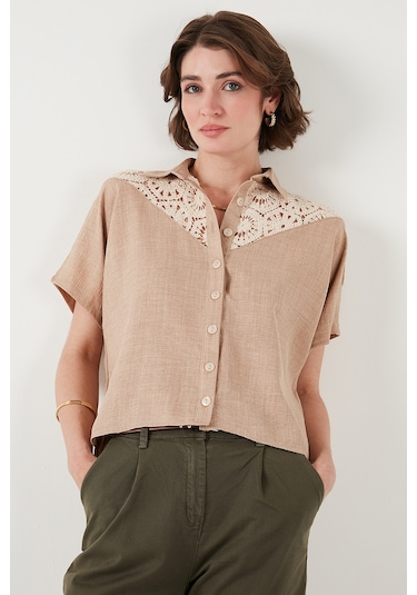 Lela Dantelli Relaxed Fit Kısa Kollu Bayan Gömlek 5865764 Taş