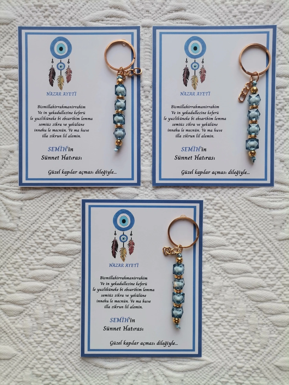 100 Adet Kişiye Özel Nazar Ayeti Sünnet Hatırası Dağıtmalık Hediyelik Mavi Renk Anahtarlık
