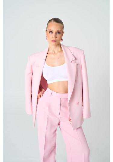 Thalure Kadın Pembe Oversize Kruvaze Blazer