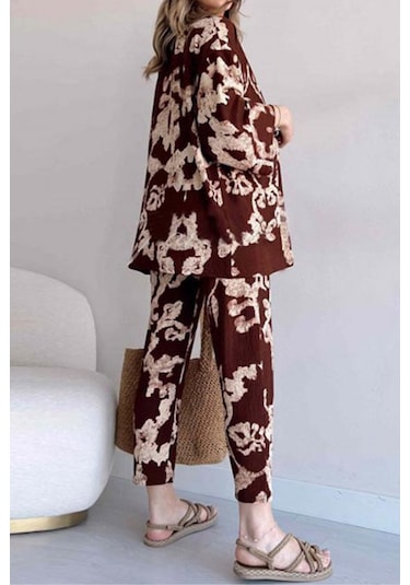 Trend Alisse Desenli Kimono Kadın Alt Üst Takım Kahverengi