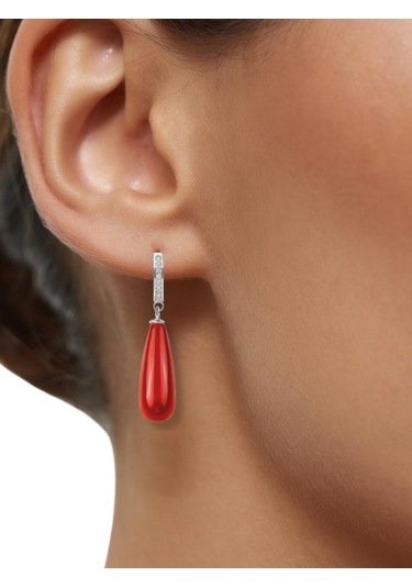 Şık Ve Zarif 925 Ayar Uzun Drop Mercan Taşlı Gümüş Küpe