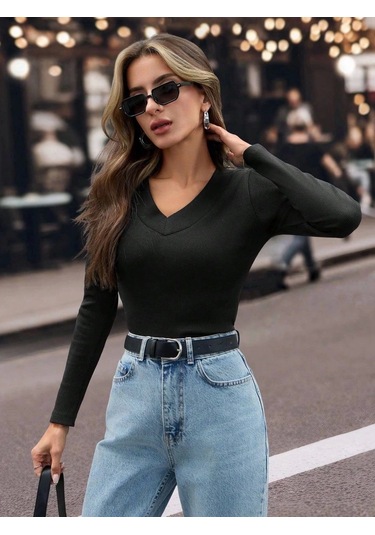 V Yaka Kaşkorse Bluz Siyah W3817 Siyah