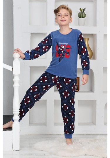 Yeni Sezon Sonbahar/kış Erkek Çocuk Skate 8 Desenli Polar Pijama Takımı 4536 Mavi