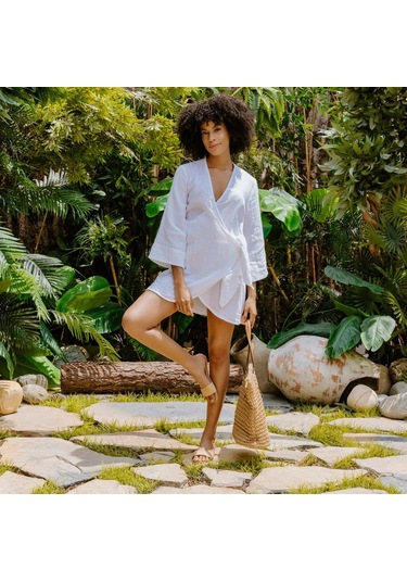 Pamuk Dokuma Kruvaze Kuşaklı Kadın Müslin Plaj Elbisesi - XS - S Beyaz