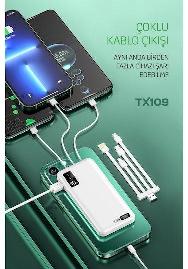 Powerway TX109 10.000 mAh Kablolu Dijital Göstergeli Dahili Stand Powerbank Beyaz