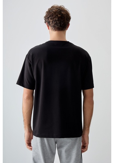 Tommy Life Siyah Pamuklu Kalın Yumuşak Dokulu Oversize Fit Baskılı Erkek T-shirt - 88373 Siyah