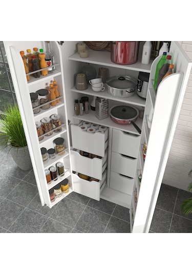 90 Derece Açılabilir 2 Kapaklı, 6 Çekmeceli, Kavanoz Raflı Kiler Ve Erzak Mutfak Dolabı Beyaz