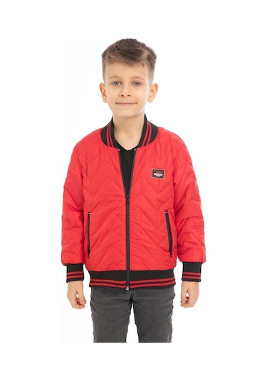 Erkek Çocuk Kırmızı Kolej Yaka İçi Astarlı Su Ve Rüzgar Geçirmez Fermuarlı Cep Mont Kırmızı