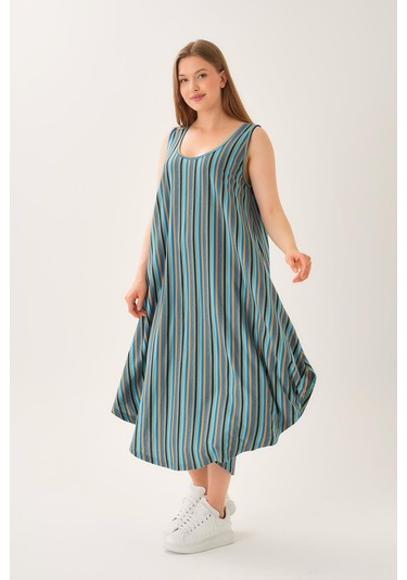 Asimetrik Kesim Çizgili Kolsuz Elbise Yeşil