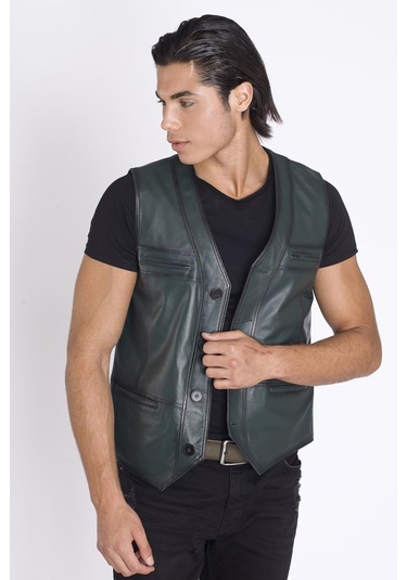 Spor Yeşil Deri Yelek-Yeşil