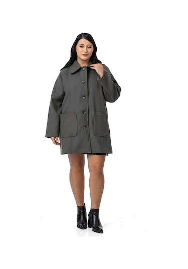 Büyük Beden Gömlek Yaka Reglan Kollu Torba Cepli Astarsız Kaşe Kısa Gri Kaban Gri