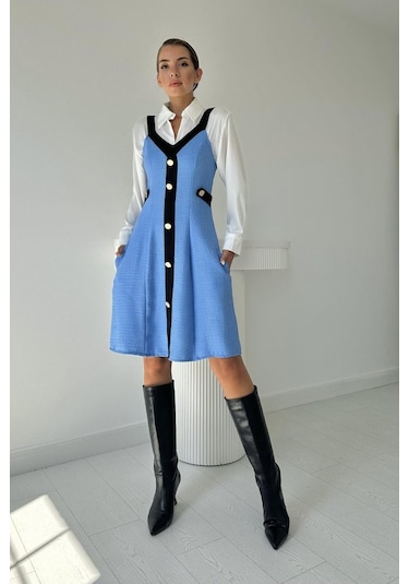 Mavi Siyah Süs Cepli Askılı Elbise siyah