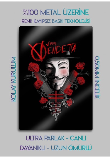 Metal Kaplama, V For Vendetta - Film Baskı Dekoratif Tablo