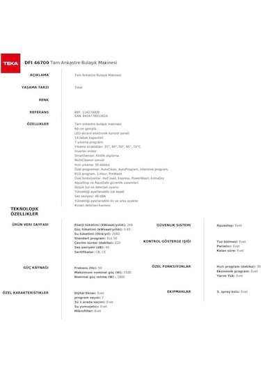 Teka DFI 46700 7 Programlı 14 Kişilik Ankastre Bulaşık Makinesi