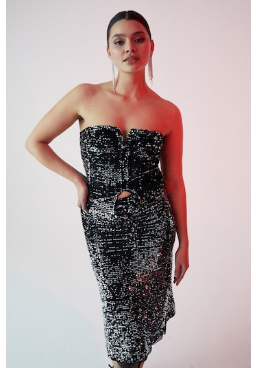 GRIMELANGE Yıseth Kadın Gümüş Pul Payet Uzun Astarlı Siyah Etek Siyah