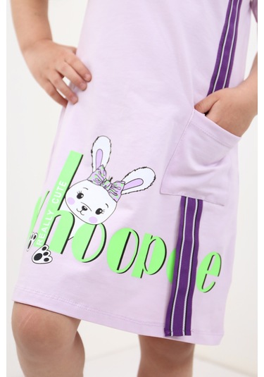 Toontoy Kız Çocuk Cepli Şeritli Tavşan Baskılı Elbise Açık Lila